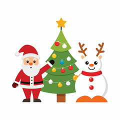 Santa Snowman and Reindeer Decorating Christmas Tree Vector Illustration