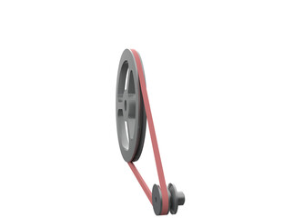 A 3D render of a mechanical belt and pulley system, featuring a large and small metal pulley connected by a red drive belt, isolated on a PNG Transparent HD Background. High resolution and detailed.