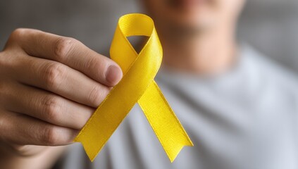 A yellow ribbon being held by someone, symbolizing cancer awareness