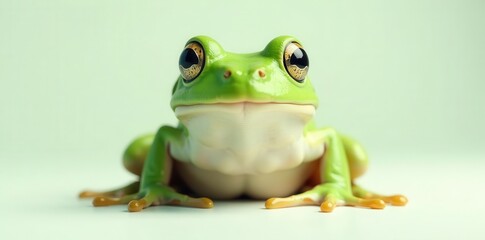 A vibrant green tree frog, posed in a serene setting, showcases its captivating eyes and unique texture.