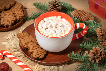 Warm holiday cocoa with marshmallows and festive cookies on a cozy wooden table