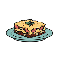 Cheesy lasagna slice on plate in warm cozy cartoon illustration