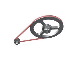 A 3D render of a mechanical belt and pulley system, featuring a large and small metal pulley connected by a red drive belt, isolated on a PNG Transparent HD Background. High resolution and detailed.
