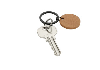 Silver key and copper tag on ring keychain isolated isolated on transparent background