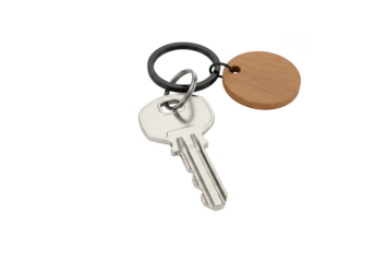 Silver key and copper tag on ring keychain isolated isolated on transparent background