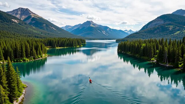 Kayaker on serene turquoise lake, surrounded by forested mountains