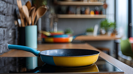 Colorful frying pan heating on an electric stovetop in a modern kitchen, preparing for cooking, showcasing home culinary activity and domestic lifestyle