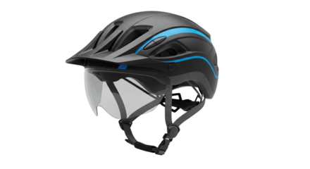 Mountain bike helmet with visor isolated on transparent background for safety and protection during outdoor cycling and extreme sports activities