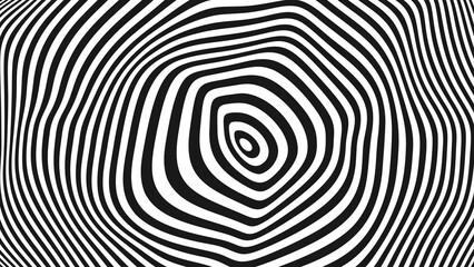 Optical Illusion Psychedelic Warped Circle Lines Texture. Abstract Geometric Background Vector Design. Black and White Modern Pattern Op Art Illustration.
