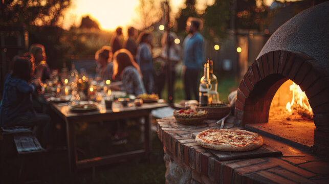 Friends enjoying an outdoor dinner party in a garden, gathering around a long table with candles at sunset, sharing a pizza just baked in a brick wood-fired oven - Powered by Adobe