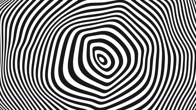Optical Illusion Psychedelic Warped Circle Lines Texture. Abstract Geometric Background Vector Design. Black and White Modern Pattern Op Art Illustration.