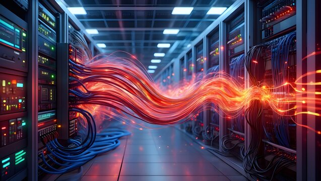 Data center with glowing cables and servers showing network connectivity and dataflow