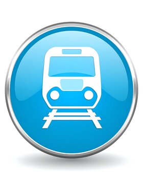 Glossy blue circular button featuring a simplified train icon