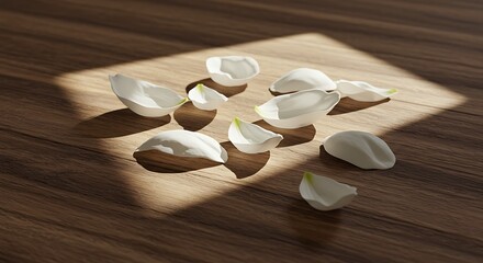 White rose petals on wooden surface