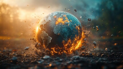 Planet earth surrounded by debris and smoke with a dark sky and rocky ground in a dramatic scene