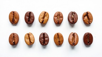 Aromatic Roasted Coffee Beans Arranged in a Neat Pattern on a Plain White Background