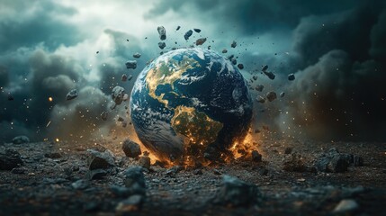 A view of earth surrounded by fire and debris with a cloudy sky and rocky ground below it all