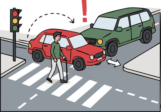 Pedestrian crossing street gets hit by car at intersection due to distracted driving, showing the dangers of ignoring traffic signals.