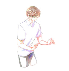 何かを包み込む様子の男性