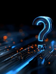 A digital question mark glows with blue light against a dark background, symbolizing inquiry and technology amidst abstract lines and sparkles.