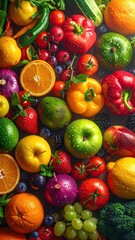 Fresh Colorful Vegetables and Fruits Background with Water Droplets in Bright Sunlight