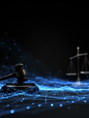 A gavel and scales of justice are depicted against a dynamic blue digital background, symbolizing law, fairness, and technology integration in the legal field.