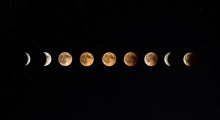 Phases of the moon across the night sky depicted in a series of circular shapes against a black background
