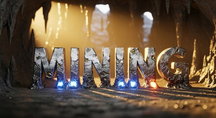 Mining Letters in a Cave, Silver Stone Metal with Blue Lights