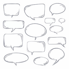 Fototapeta premium Speech bubble doodle talk set. Hand drawn comic doodle style dialog balloon, thought cloud speech bubble element pack. Cartoons speak of conversation elements.