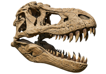 Detailed tyrannosaurus rex skull fossil close-up realistic isolated on transparent background