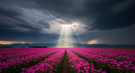 Pink Flower Field Under Dramatic Cloudy Sky with Sun Rays