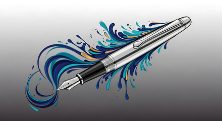 Artistic illustration of a classic silver fountain pen with vibrant, swirling splashes of blue and teal ink.