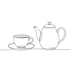 A set of delicate teaware, including a teacup, saucer, and teapot, rendered in continuous black line art on a transparent background with copy space, concept of minimalist dining and elegance