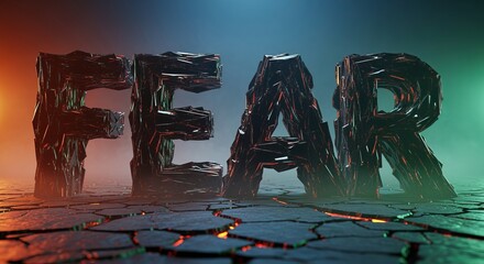 Textured Word 'fear' on Cracked Earth in Moody Lighting