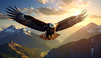 Obraz premium Eagle Soaring Above Mountain Peaks | Ultra-Realistic Cinematic HDR Sky | Majestic Bird in Flight