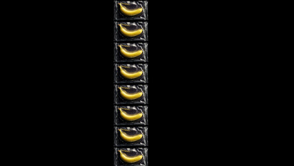 Row of multiple vacuum sealed bananas arranged vertically on a black background, modern conceptual food art, preservation and packaging concept.