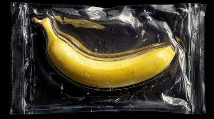 Yellow banana vacuum sealed in plastic packaging on black background, concept of preservation, modern food storage, minimal art.