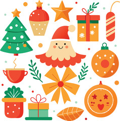 Vector art of vibrant flat design christmas elements, including a santa claus character, decorated christmas tree, steaming cup, and wrapped gifts