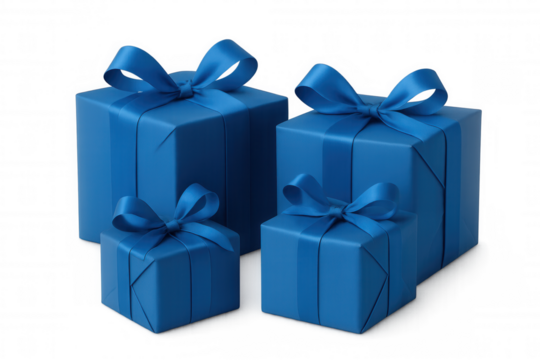 Blue gift boxes with ribbon bows on transparent background, presenting gifts for celebration and holiday surprises - Powered by Adobe