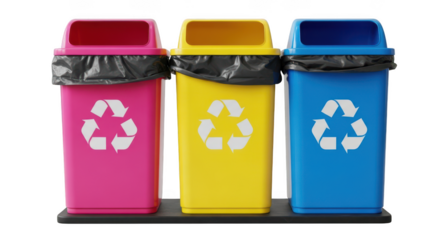 Three colorful recycling bins with universal symbol isolated isolated on transparent background