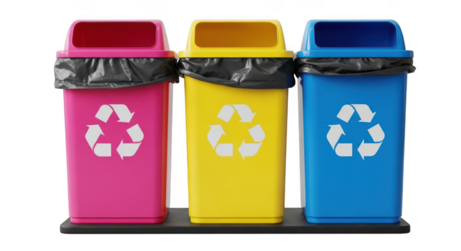 Three colorful recycling bins with universal symbol isolated isolated on transparent background