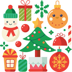 Vector art of cute cartoon christmas elements including a snowman, christmas tree, gifts, ornaments, candy cane, and snowflake