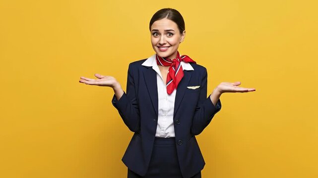 A flight attendant in uniform smiles with palms up against a yellow background