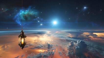 Lantern in a celestial dreamscape with clouds and stars and a bright light above