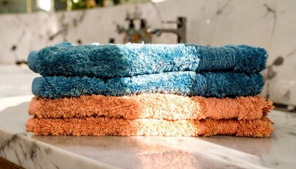 Stacked towels on a marble countertop