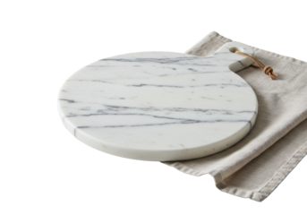 A sleek, round white marble cutting board with subtle grey veining, highly polished, laid diagonally on a crumpled light beige linen towel, transparent background, concept of modern kitchen design