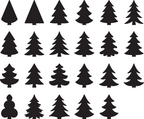 Obraz premium Silhouette Variations of a Pine Tree: A collection of diverse silhouetted evergreen trees, representing variations in shape, size, and design. Each tree stands alone.