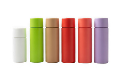 Collection of assorted colorful lip balms lined up for product photography showcase isolated on transparent background