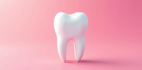 A single, healthy, pearly white tooth stands majestically against a soft pink backdrop, a symbol of oral hygiene and dental wellness.