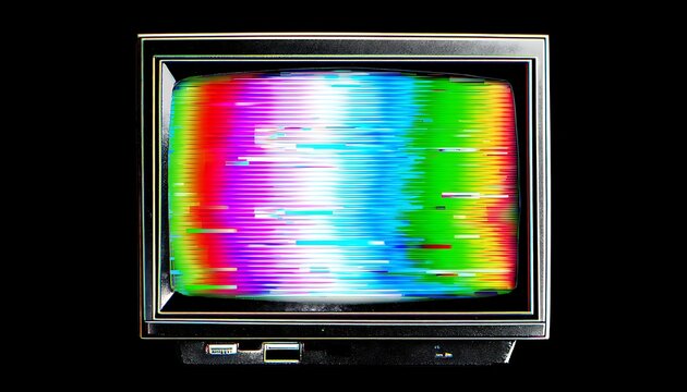 CRT television static with rainbow glitch and retro GUI elements overlay